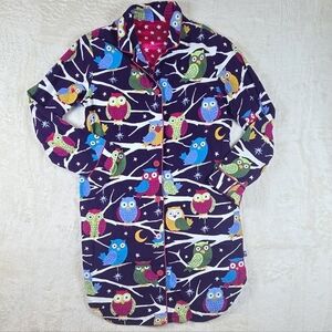 Nick & Nora Nightgown Sz. M Purple Owls Button Up Flannel Pajamas Sleep Shirt